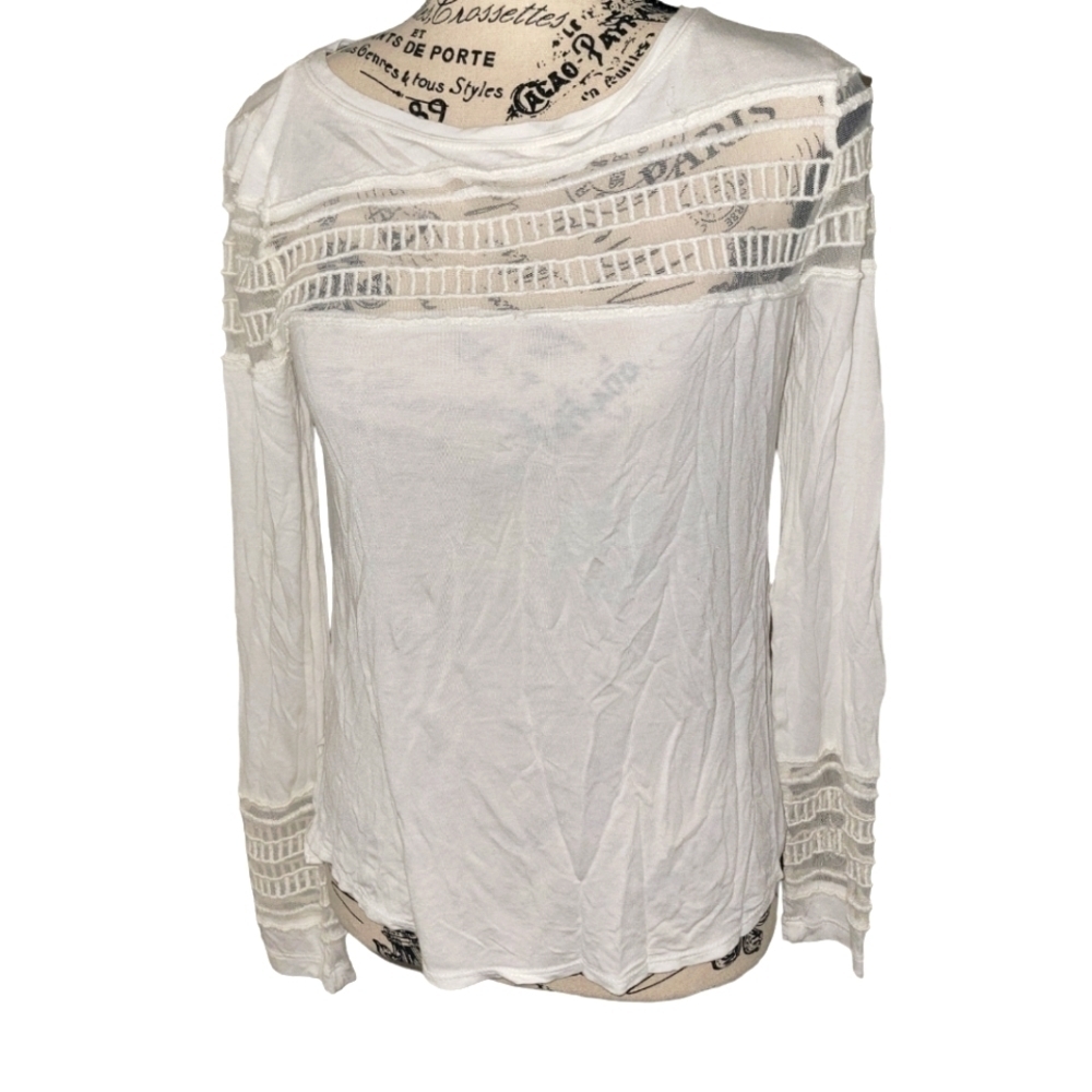 FREE People White Embroidered Mesh Insert Roxie xs Long Sleeve Top Blous…